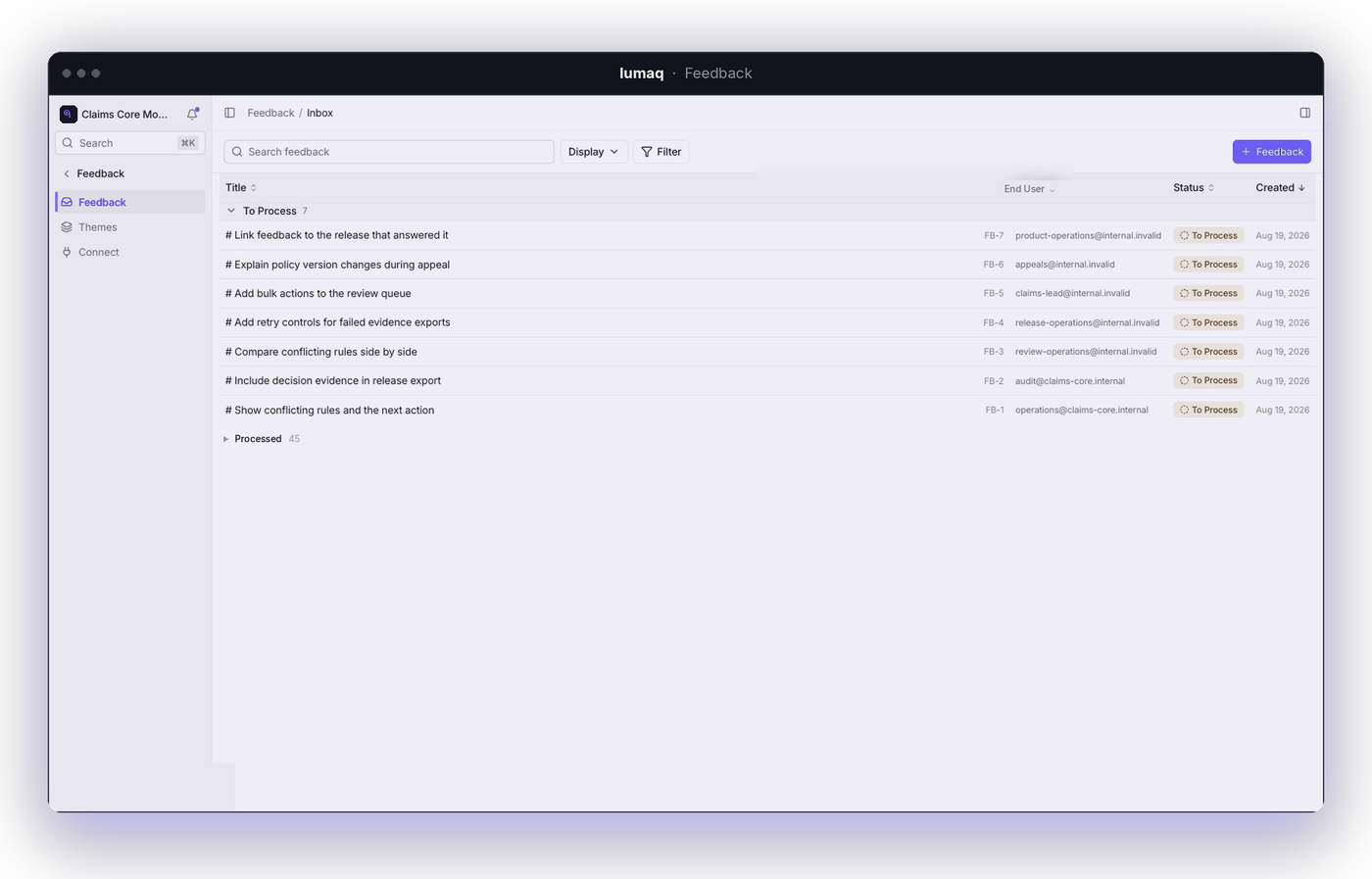 The feedback inbox in lumaq — reports grouped into what is still to process and what has been processed, each with the address it came from and the date it arrived.